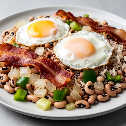 Hoppin' John Breakfast Hash with Fried Eggs finished dish