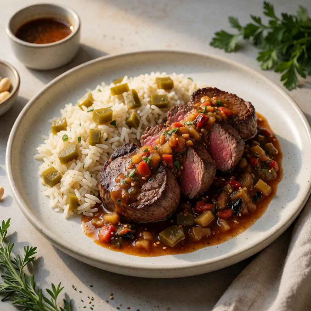 Filet Mignon con Salsa Macha de Cacahuate y Arroz Blanco con Nopalitos finished dish