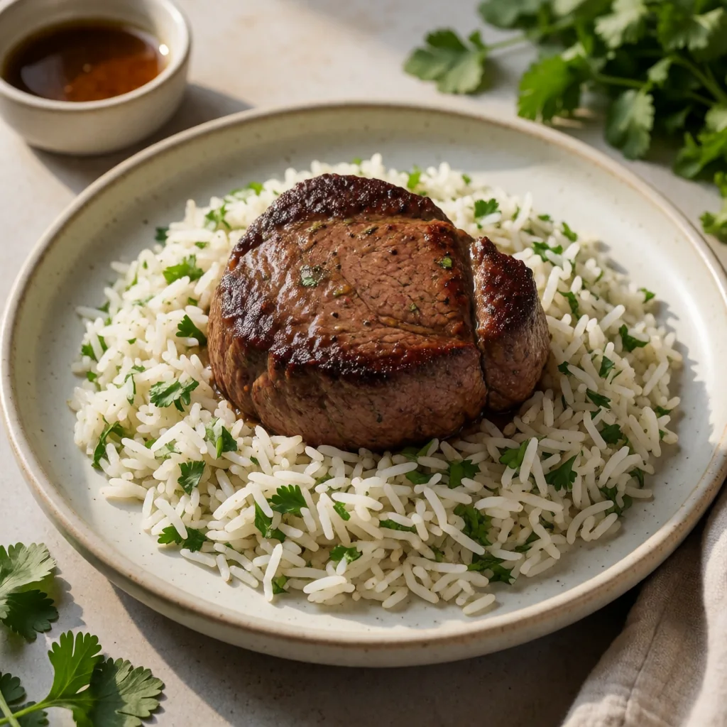 Chipotle-Chocolate Rubbed Filet Mignon with Cilantro-Lime Rice finished dish
