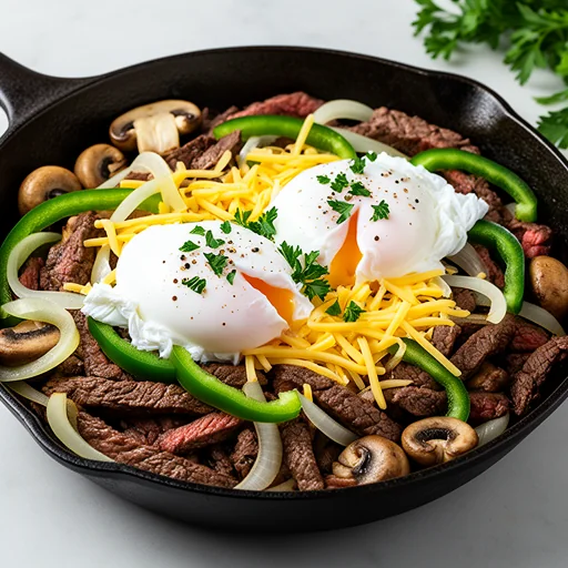 Philly Cheesesteak Breakfast Skillet with Poached Eggs finished dish