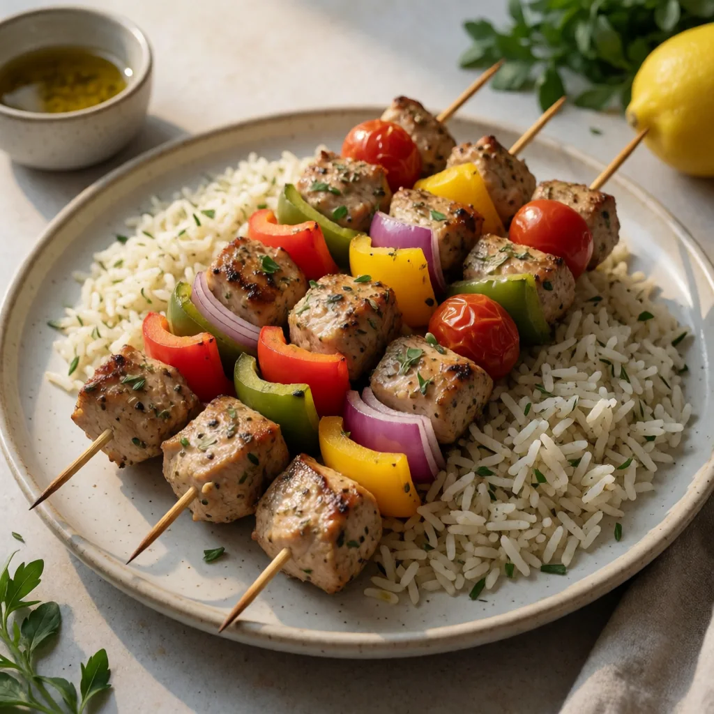 Greek Chicken Souvlaki Skewers with Lemon-Herb Rice finished dish