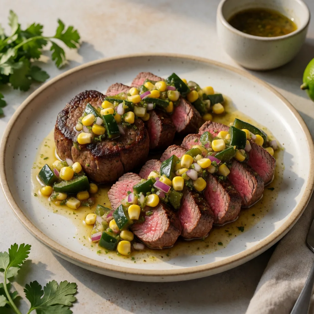 Seared Filet Mignon with Roasted Poblano-Corn Salsa and Chile-Lime Butter finished dish