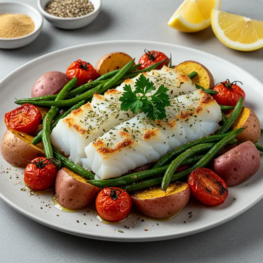 Italian Baked Cod with Tomato & Herb Roasted Vegetables finished dish