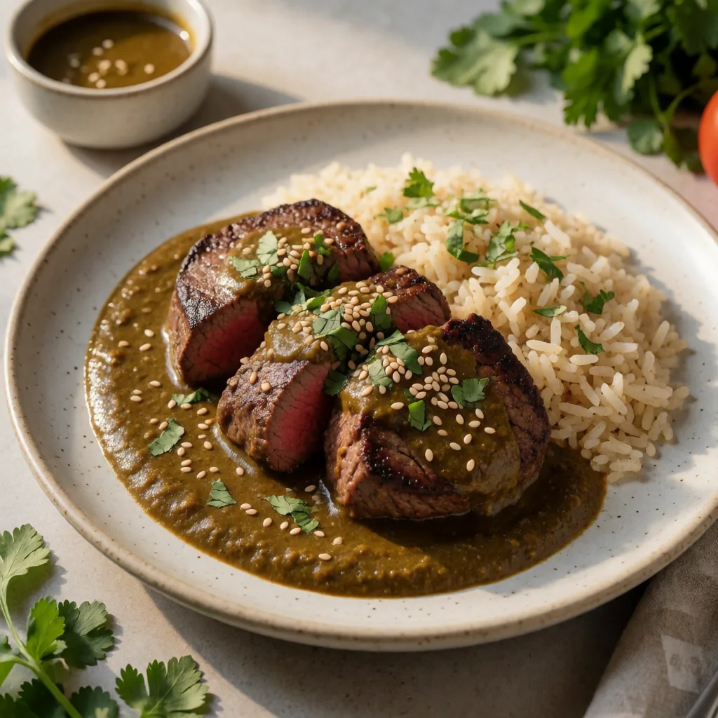 Pan-Seared Filet Mignon with Rich Mole Poblano finished dish