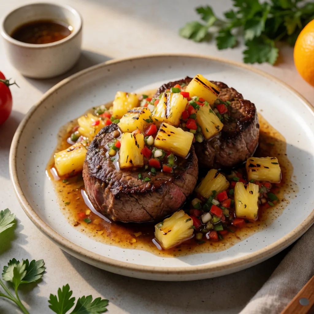 Filet Mignon Adobado with Grilled Pineapple-Habanero Salsa finished dish