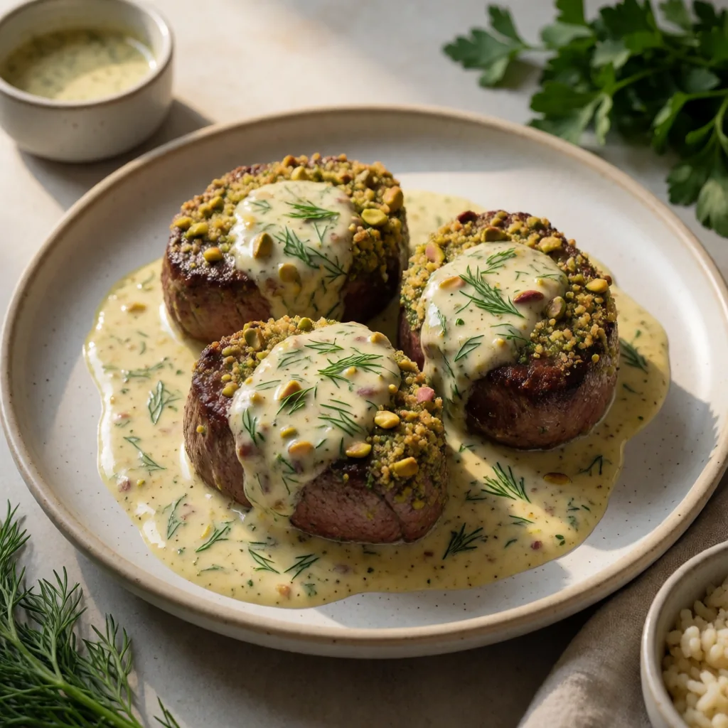 Pistachio-Crusted Filet Mignon with Lemon-Dill Butter Sauce finished dish