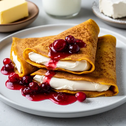 Pumpkin Spice Crepes with Maple Cream Cheese Filling and Cranberry Coulis finished dish