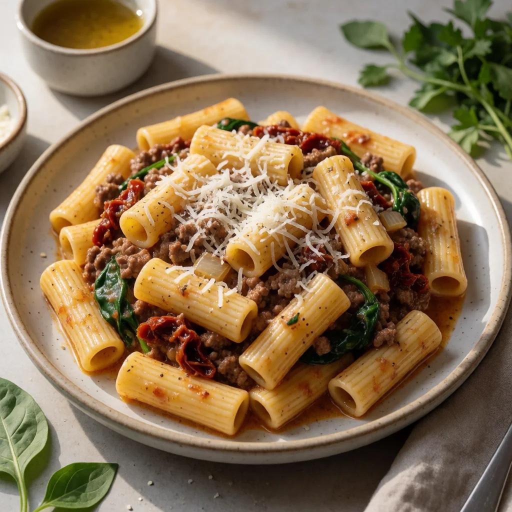 Creamy Tuscan Beef Rigatoni finished dish