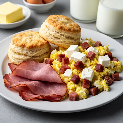 Tasso Ham and Trinity Scramble with Cream Cheese Biscuits finished dish