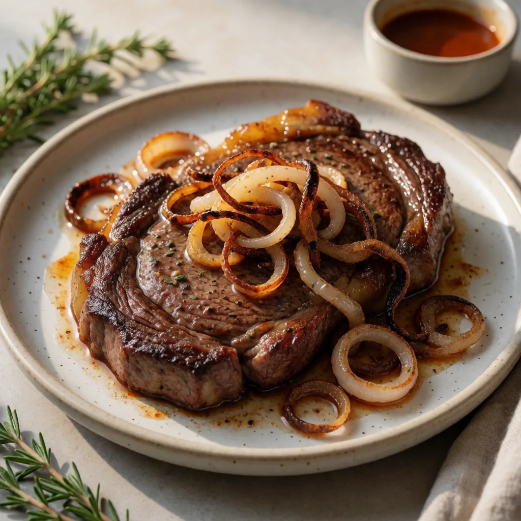 Coffee-Rubbed Ribeye with Smoked Paprika Butter and Crispy Shallots finished dish