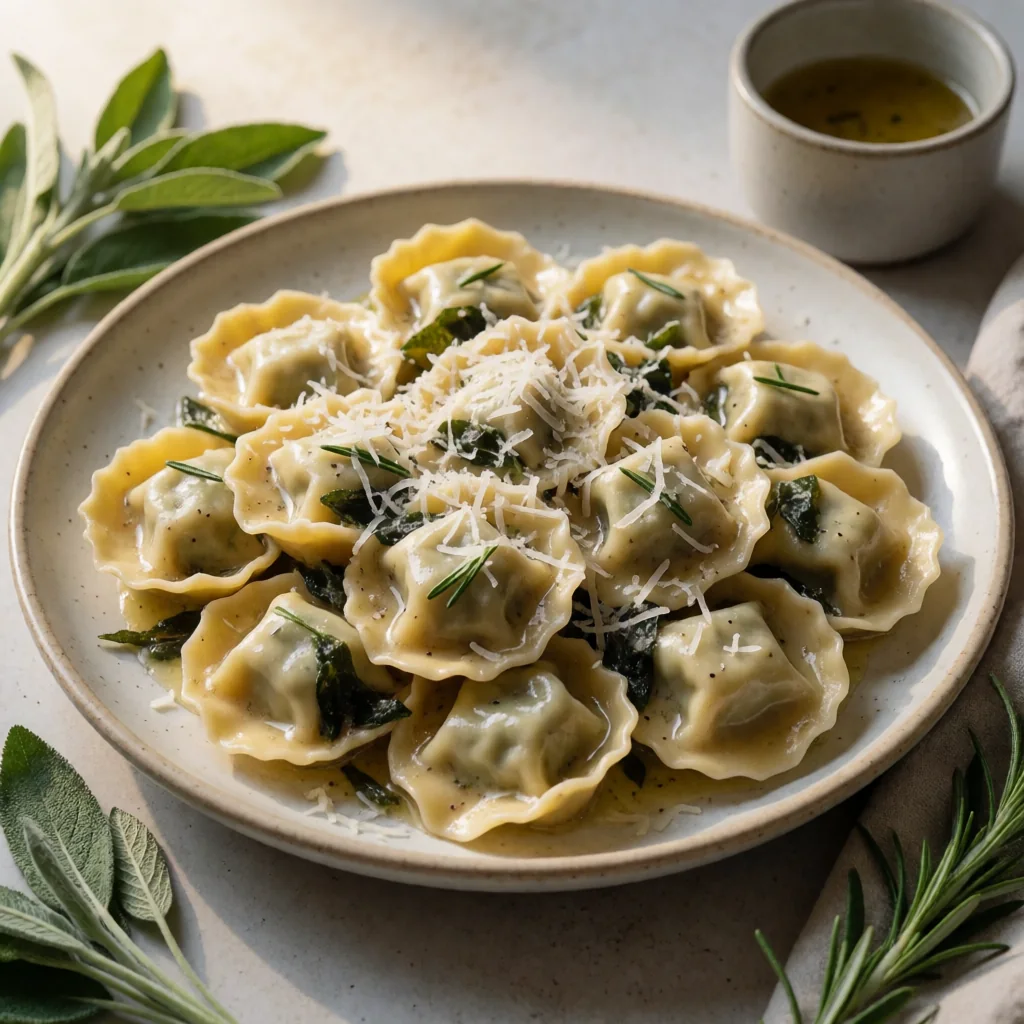 Agnolotti del Plin con Arrosto di Manzo e Burro Salvia (Agnolotti with Roasted Beef Filling & Sage Brown Butte finished dish