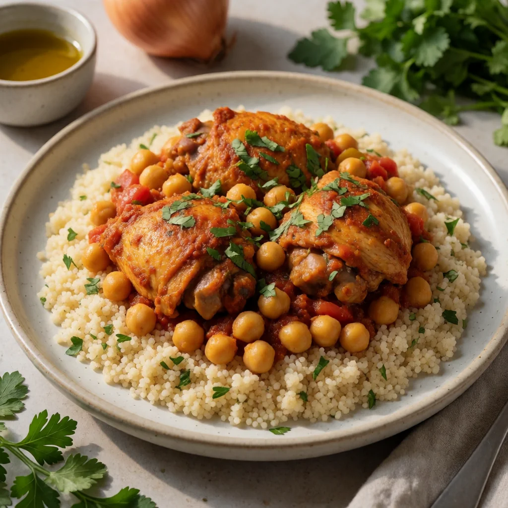 Moroccan Harissa Chicken & Chickpea Tagine with Almond Couscous finished dish