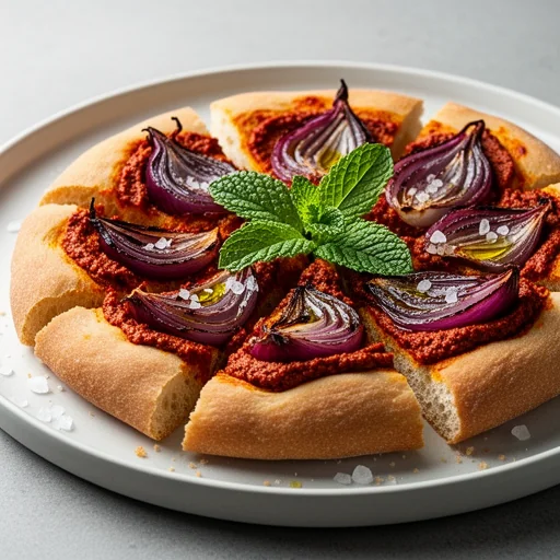 Spicy Harissa & Roasted Red Onion Focaccia with Fresh Mint finished dish