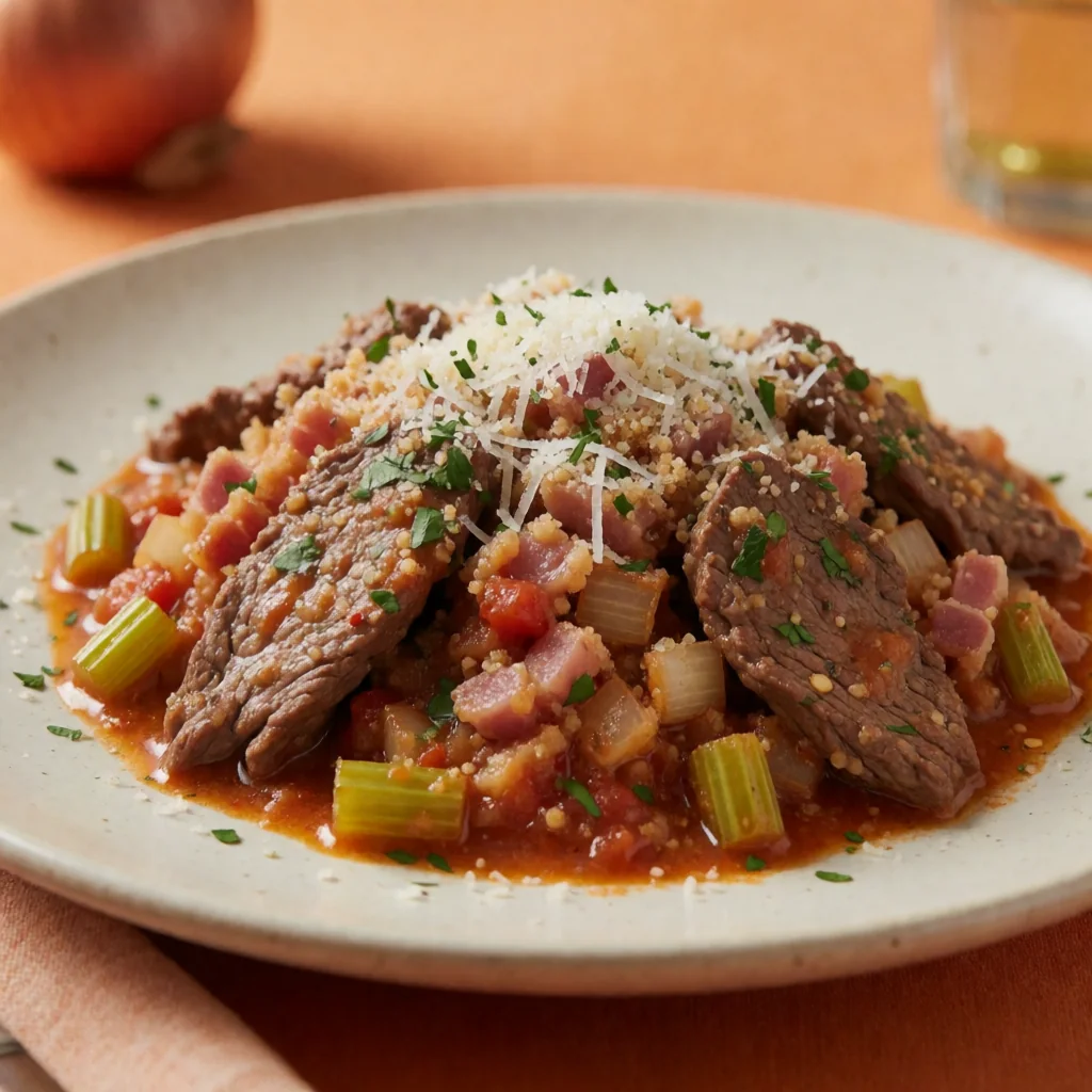Mafalde con Braciole di Manzo al Sugo (Mafalde with Braised Beef Braciole in Tomato Sauce) finished dish
