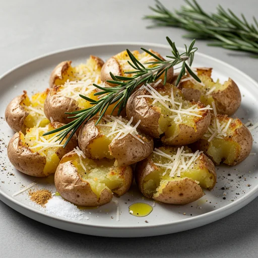 Crispy Smashed Potatoes with Rosemary and Parmesan finished dish
