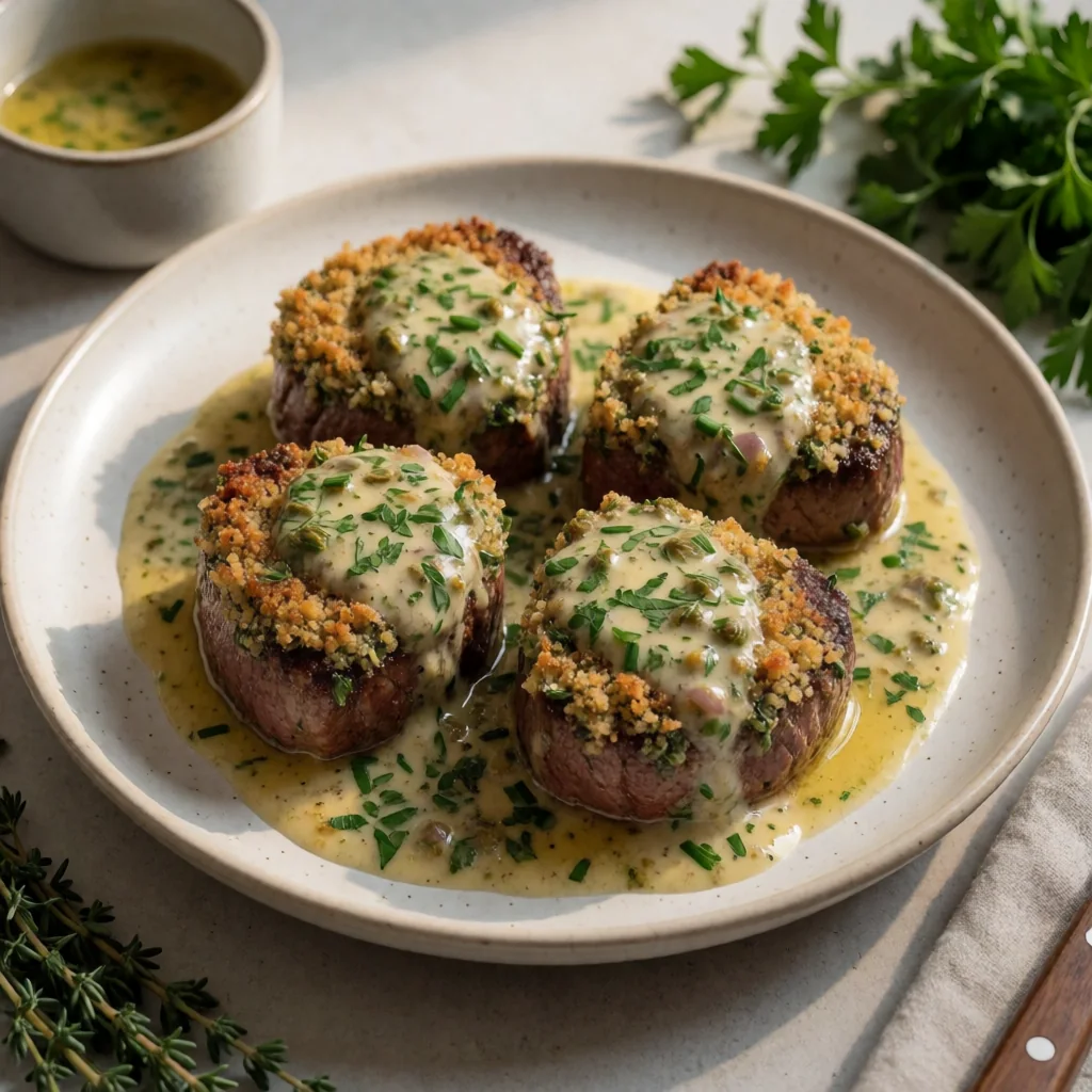 Herb-Crusted Filet with Lemon-Caper Butter finished dish