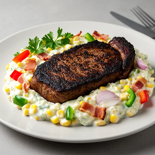 Blackened Steak with Creamy Corn Maque Choux finished dish
