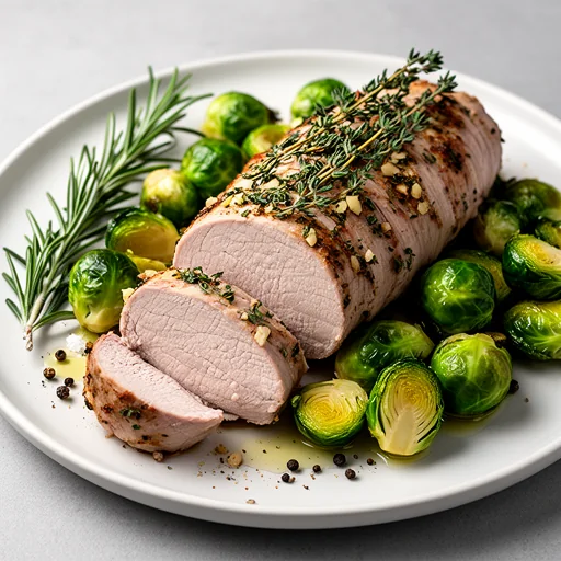 Garlic Herb Roasted Pork Tenderloin with Brussels Sprouts finished dish