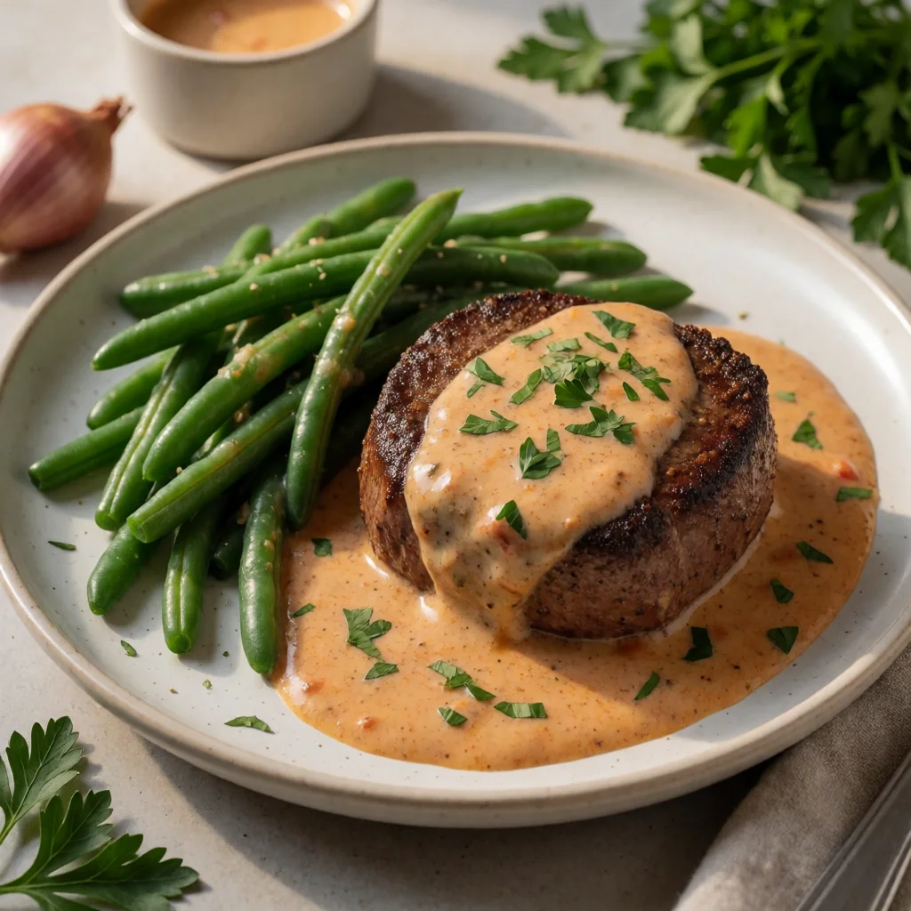 Blackened Filet Mignon with Spicy Creole Cream Sauce finished dish