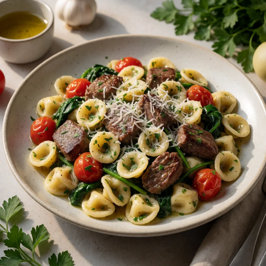 Manzo al Limone e Spinaci con Orecchiette finished dish