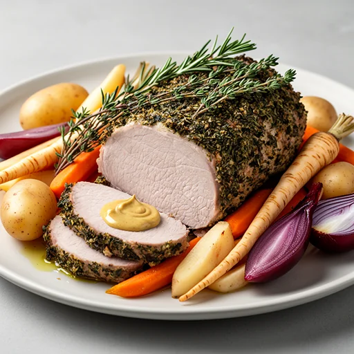 Oven-Roasted Pork Loin with Herb Crust & Root Vegetables finished dish