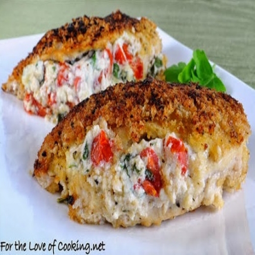 Panko Crusted Chicken Stuffed with Ricotta, Spinach, Tomatoes, and Basil
