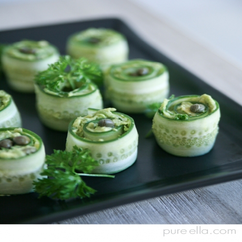 CUCUMBER ROLLS HORS D'OEUVRES WITH CREAMY AVOCADO SPREAD