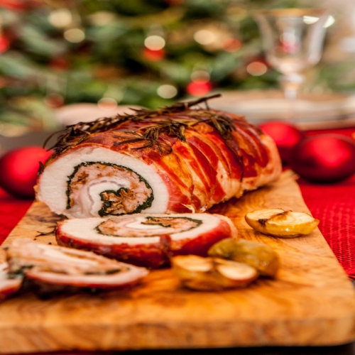 Prosciutto-wrapped Pork Loin with Roasted Apples.