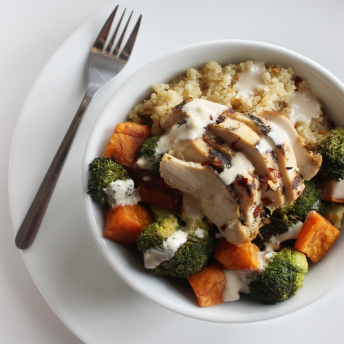 Chicken and Vegetable Quinoa Bowl With Tangy Tahini Dressing