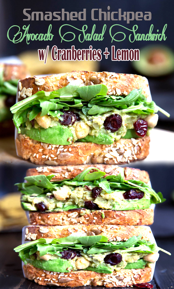 Smashed Chickpea Avocado Salad Sandwich with Cranberries + Lemon