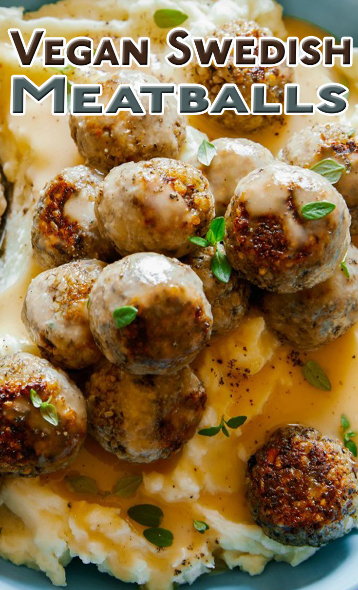 Vegan Swedish Meatballs over Mashed Potatoes + Gravy