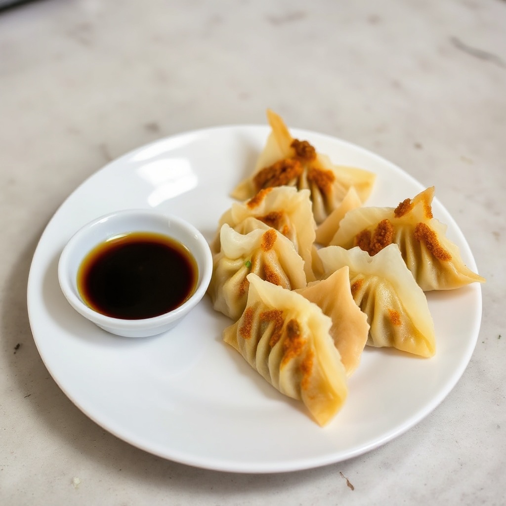 Knusprige gebackene Hühnerdumplings mit würziger Sojasauce
