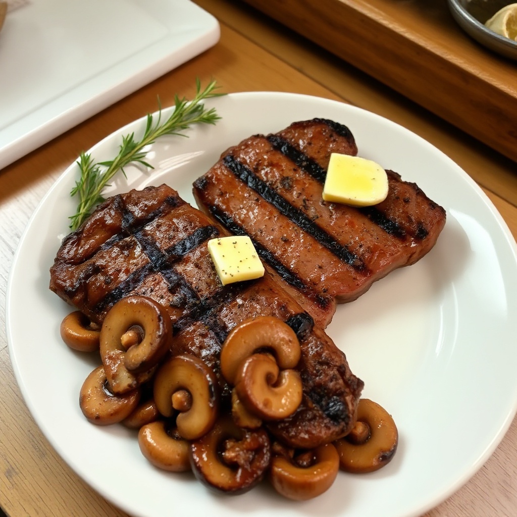 Bistecca Grigliata Salata con Burro all'Aglio e Funghi Saltati