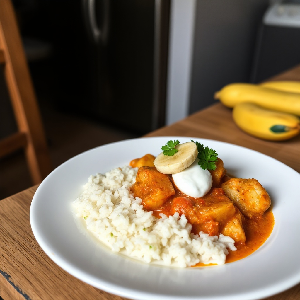Thailändisches rotes Hähnchencurry mit Bananen-Limetten-Topping