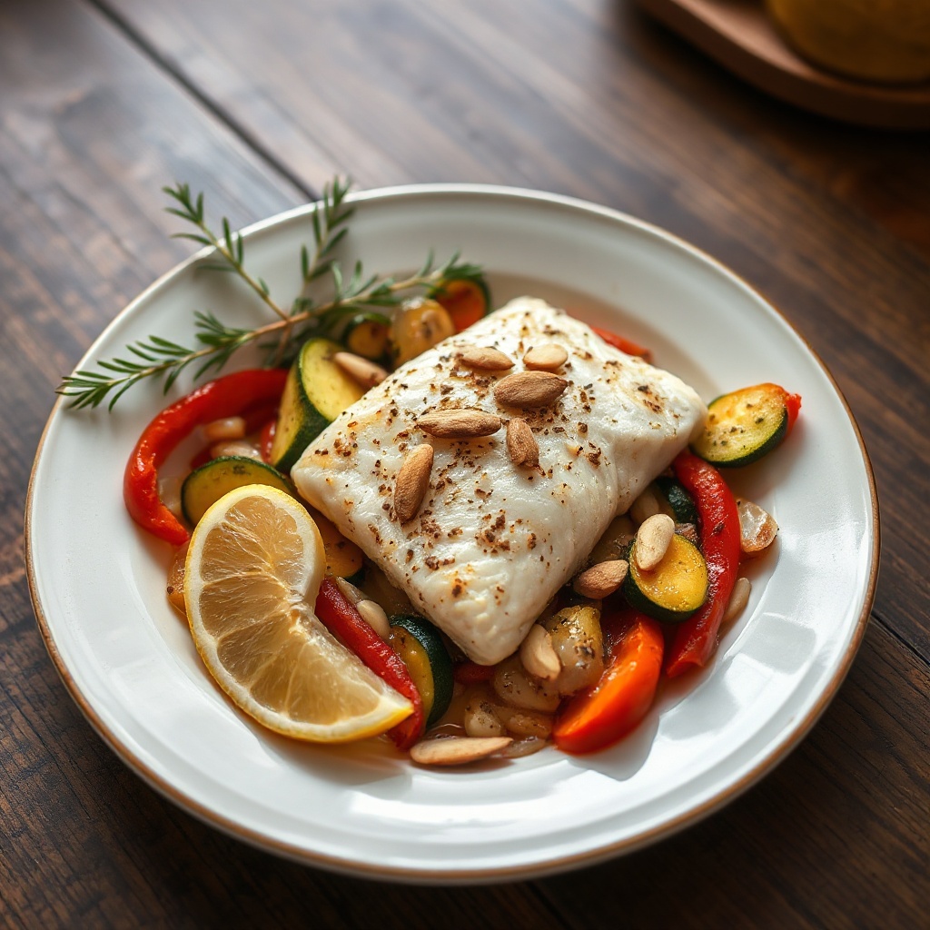 Gerösteter Kabeljau mit mediterranen Gemüse und Mandeln