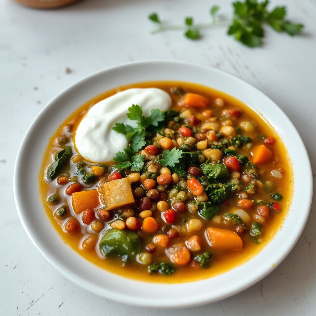 Gewürzte Linsen- und Spinat-Suppe mit Kräuter-Joghurt