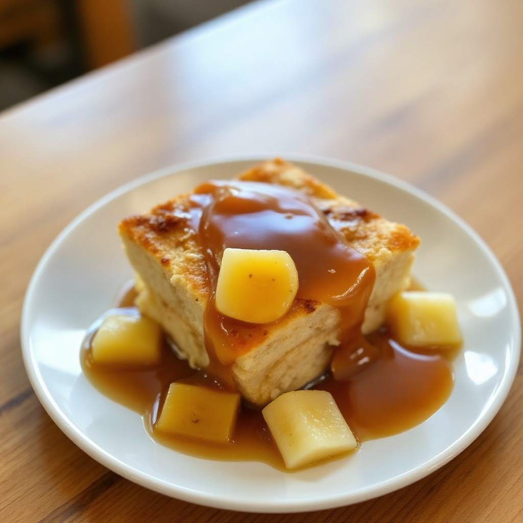 Budino di Pane Tropicale con Salsa di Banana Caramellata