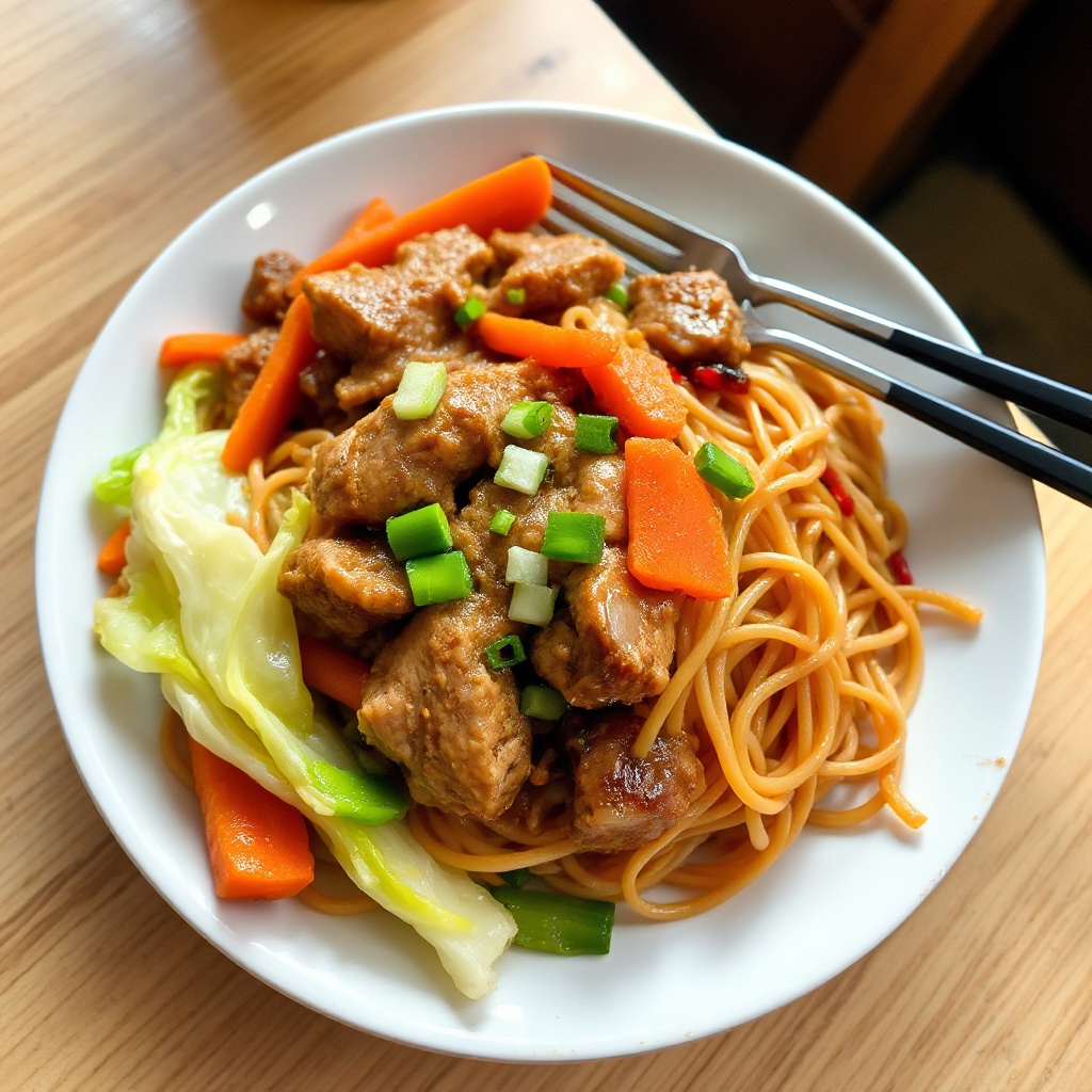 Herzhafte Schweine-Yakisoba mit Gemüse