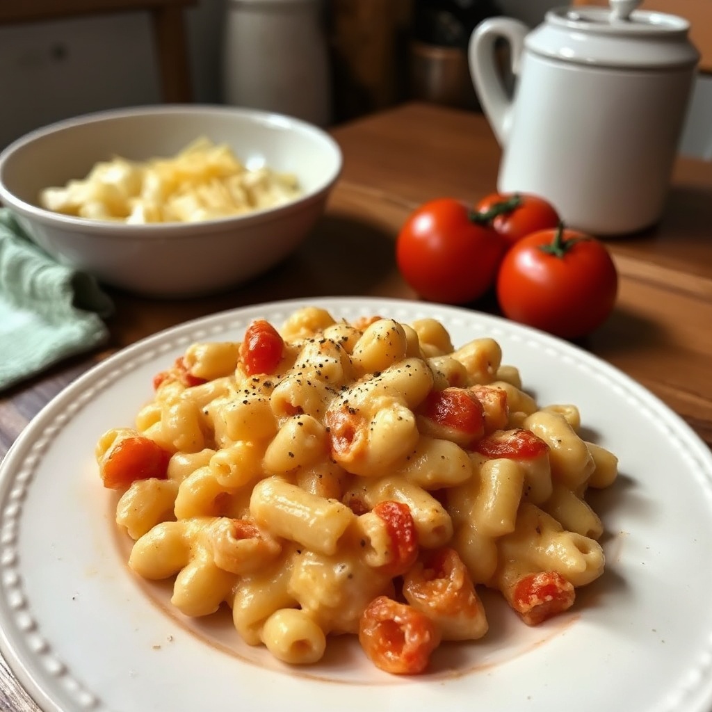 Cremige gebackene Makkaroni und Käse mit Tomatendrehung
