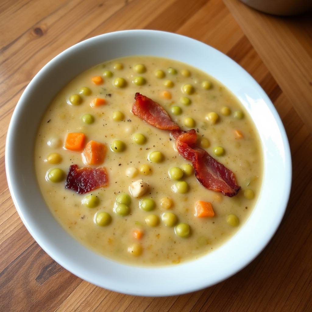 Zuppa Cremosa di Piselli Spezzati con Pancetta Croccante