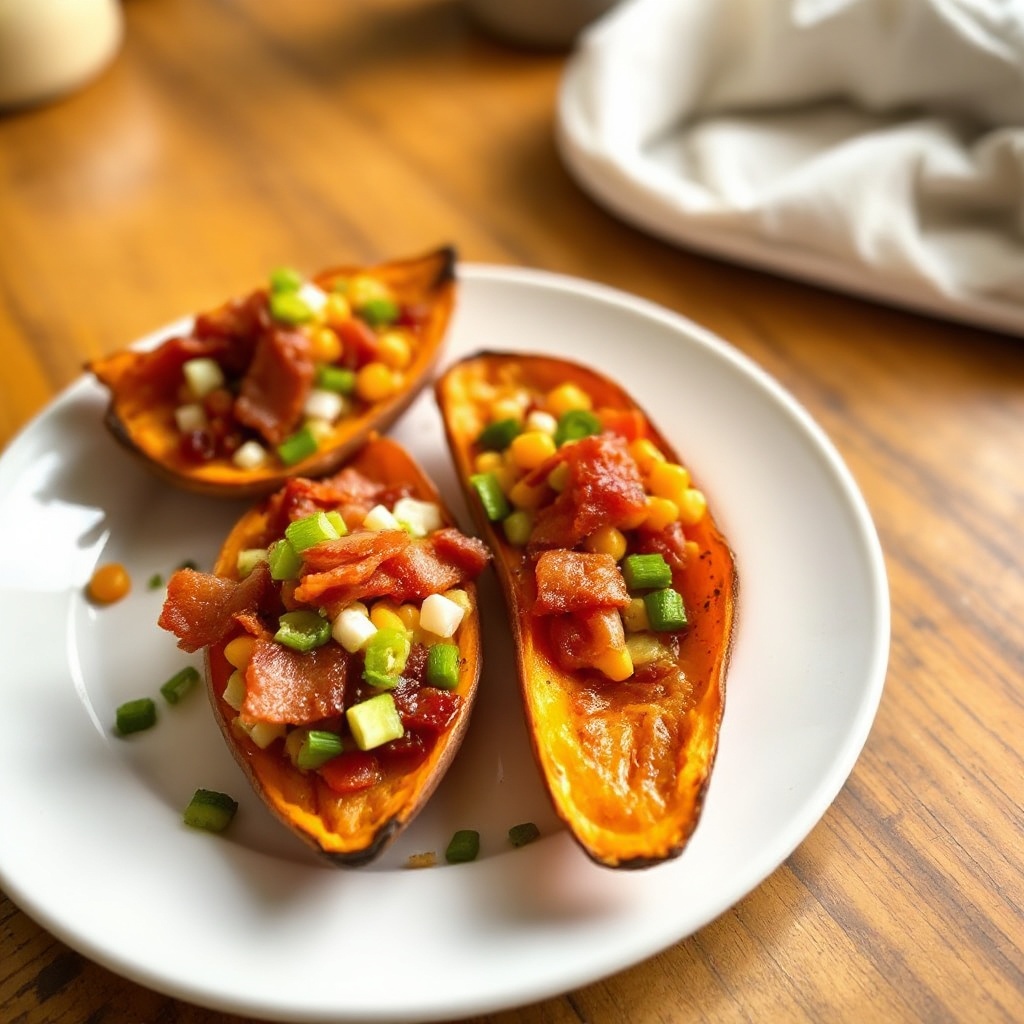 Scorze di Patate Dolci Ripiene con Bacon Croccante e Glassa di Senape e Sciroppo d'Acero