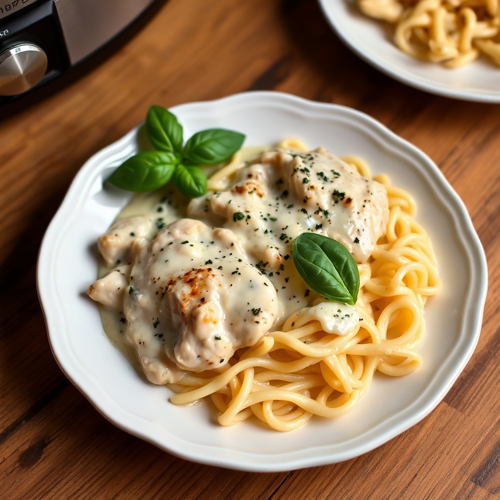Pollo Crema di Basilico in Pentola Lenta con Pasta