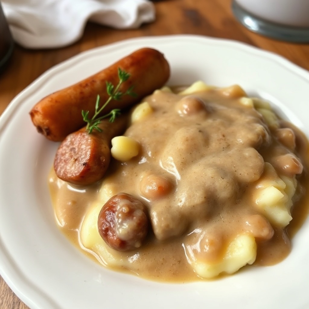 Savory Sausage and Creamy Mash with Onion Gravy