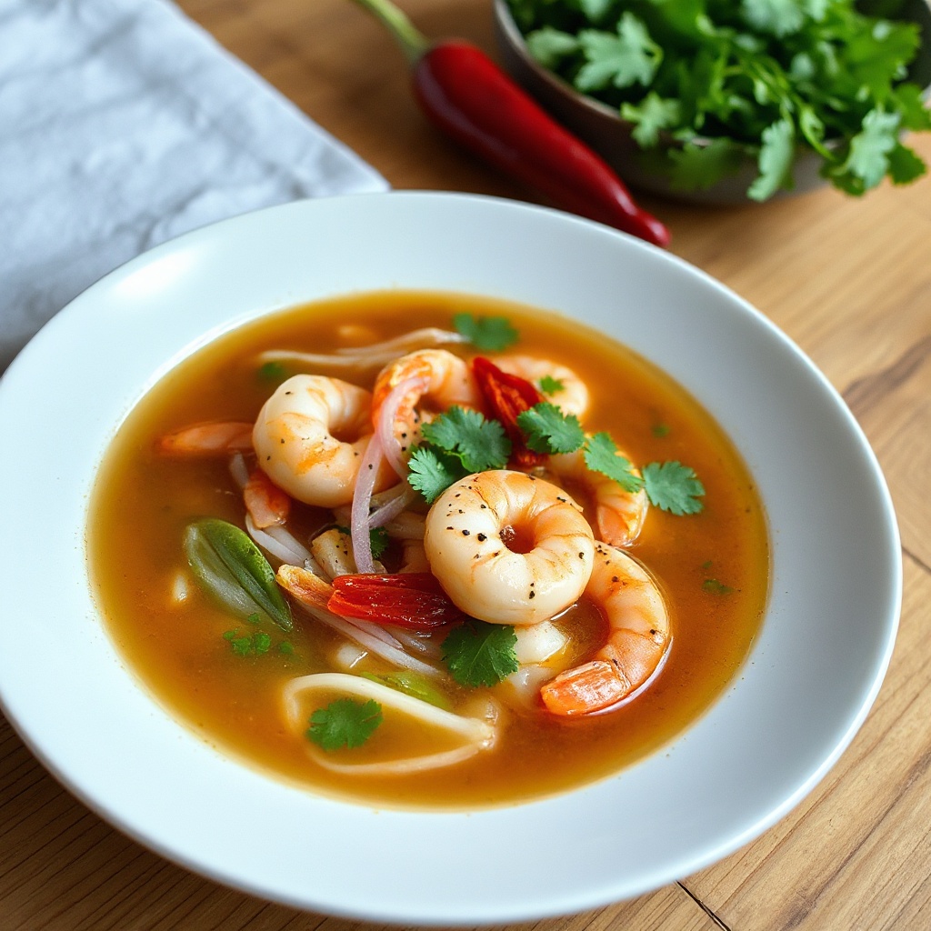 Scharfe Thai Garnelensuppe mit Limette und Kräutern