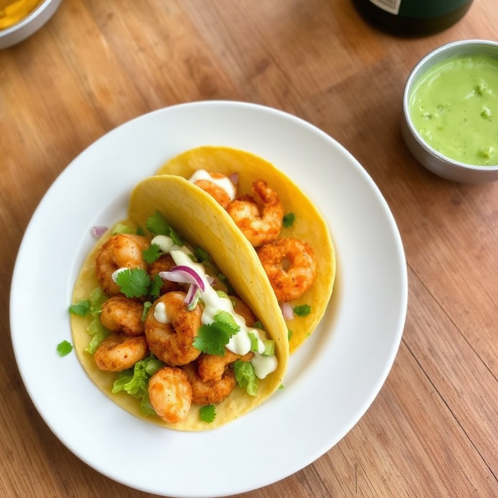 Knusprige Garnelen-Tacos mit würziger Avocadosauce