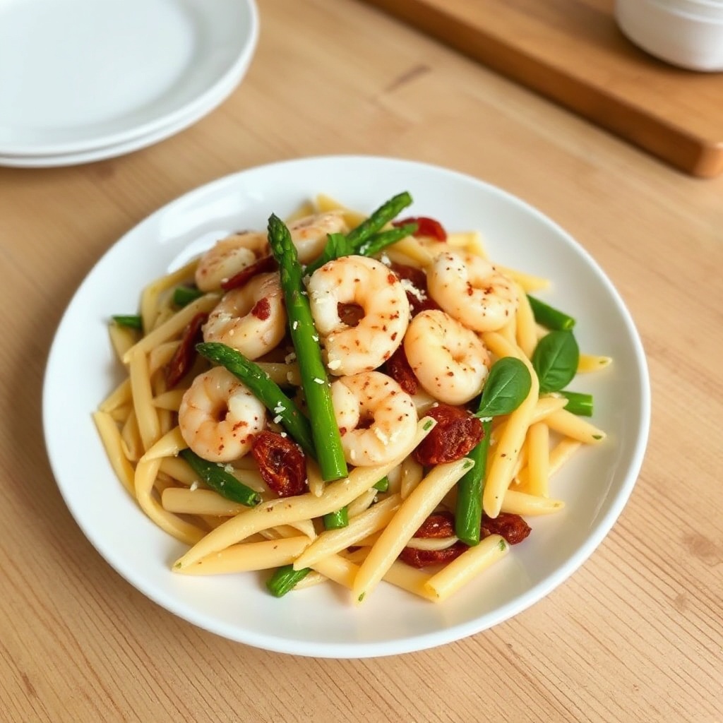 Knoblauchbutter-Garnelen-Penne mit Spargel und getrockneten Tomaten