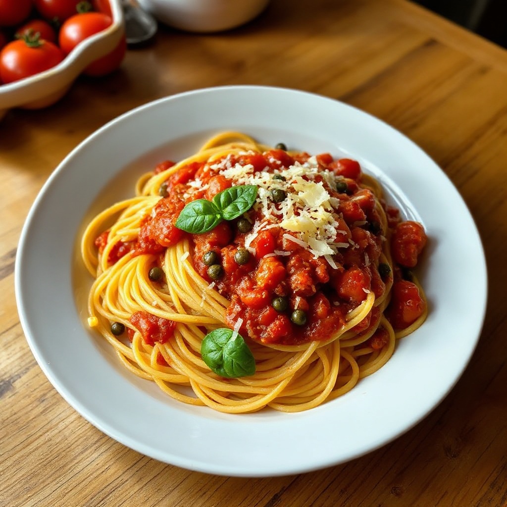 Spaghetti Vegetariano Salato con Salsa di Pomodoro Piccante