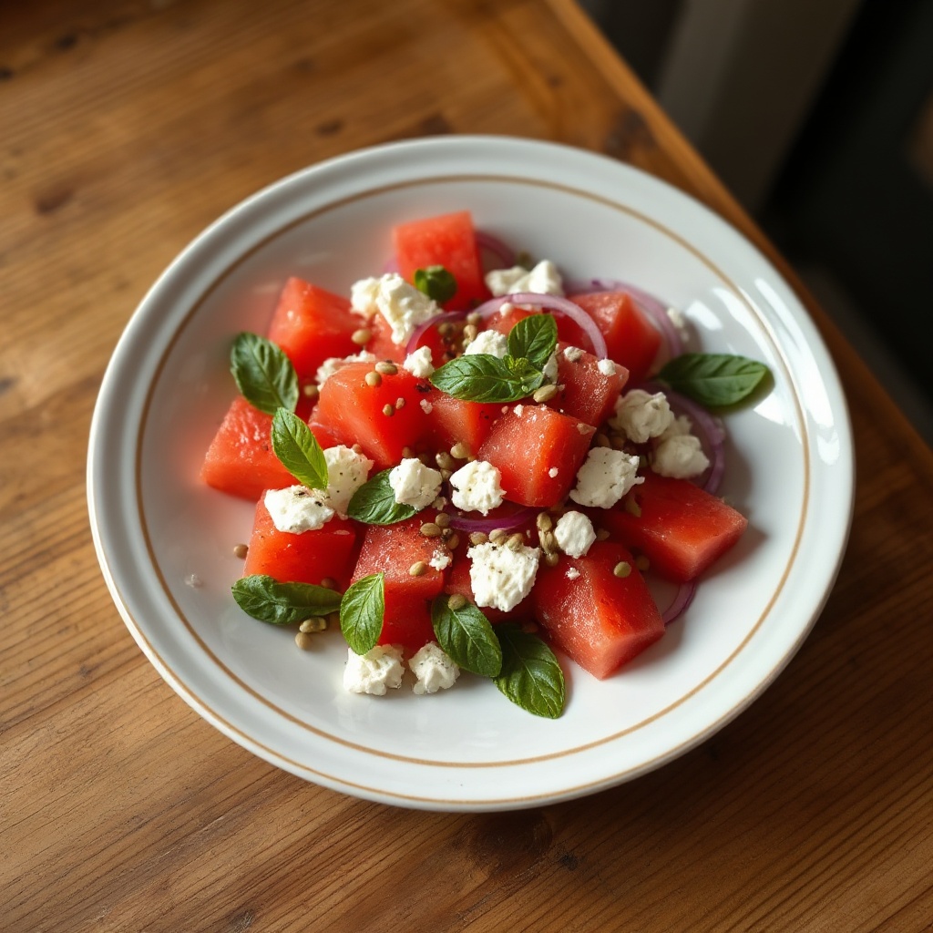 Erfrischender Wassermelonen- und Minzsalat mit Feta