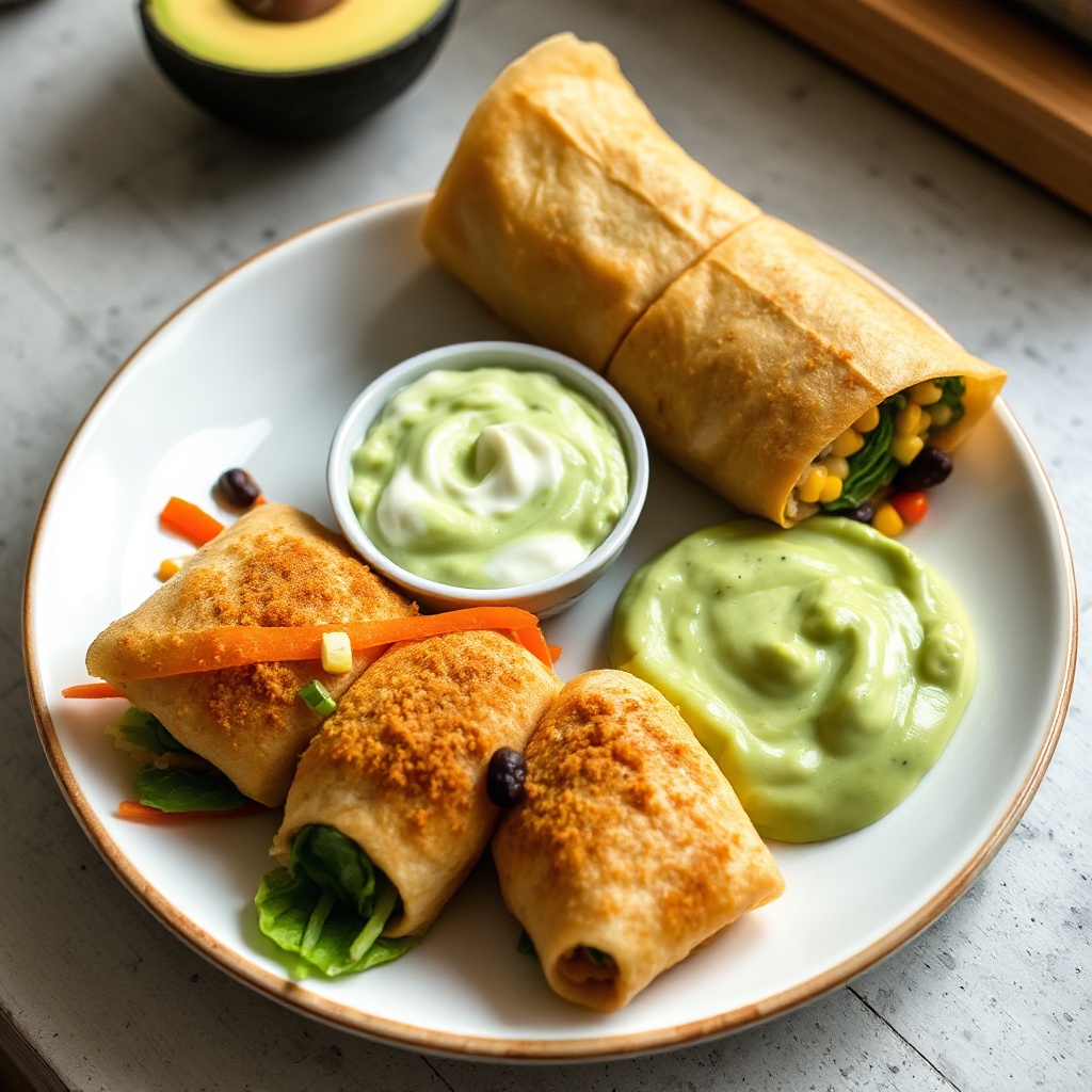 Knusprige Southwest-Hühnchen-Rollen mit cremigem Avocado-Dip