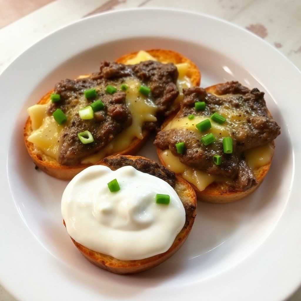Bistecca su Toast di Aglio e Formaggio con Salsa Cremosa di Cipolla